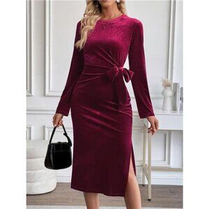 Velvet Slit Round Neck Long Sleeve Dress with Side Tie Detail
